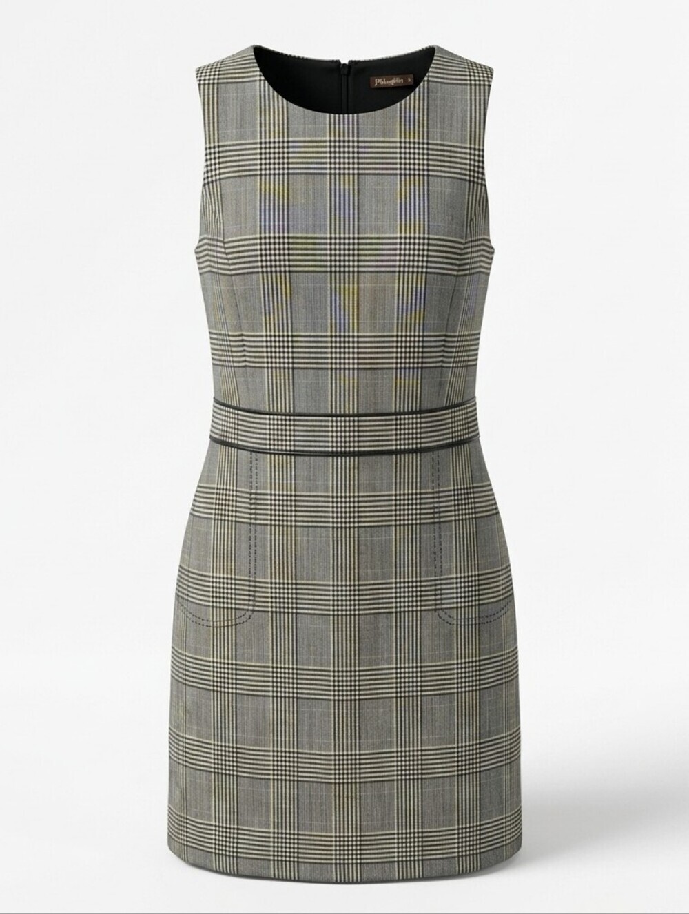 J. McLaughlin Glen Plaid Wool Sheath Dress Vegan Leather Trim Pockets Size 8